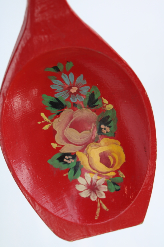large wooden spoon Swedish folk art hand painted roses on red, Scandinavian traditional crafts