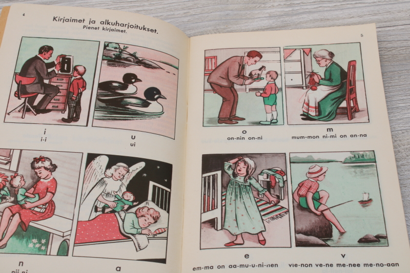 learning Finnish beginning reader primer reading book w/ phonics, 1960s vintage learn to read Finnish