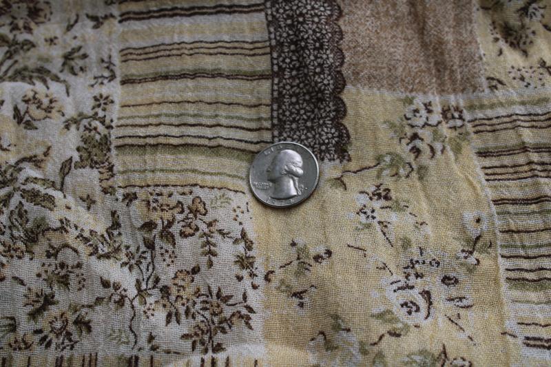 light floaty cotton crinkle gauze fabric w/ retro boho patchwork floral earth tones