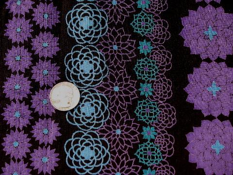 lightweight cotton fabric, retro vintage purple flower print on black