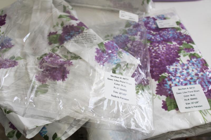 lilacs print cotton pillow shams and curtain panels w/ lavender sheers, vintage granny chic 