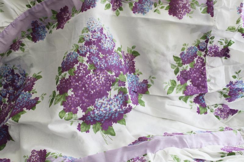 lilacs print cotton pillow shams and curtain panels w/ lavender sheers, vintage granny chic 