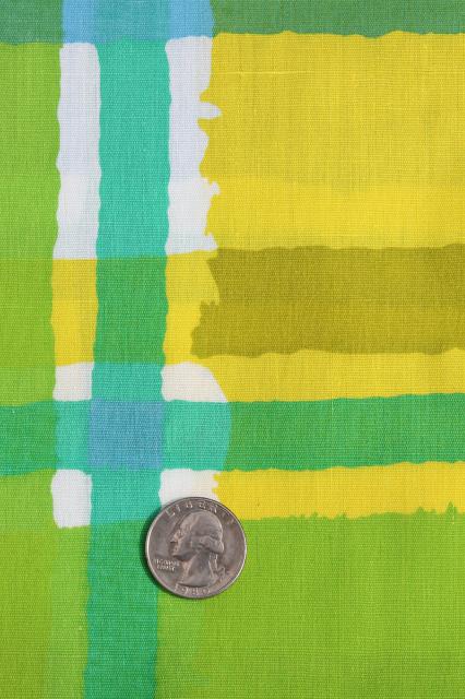 lime green, aqua blue, yellow plaid print vintage cotton fabric