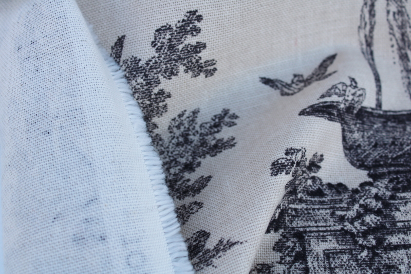 linen weave cotton blend decorator fabric, black toile print on flax french country style