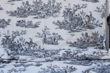linen weave cotton blend decorator fabric, black toile print on flax french country style