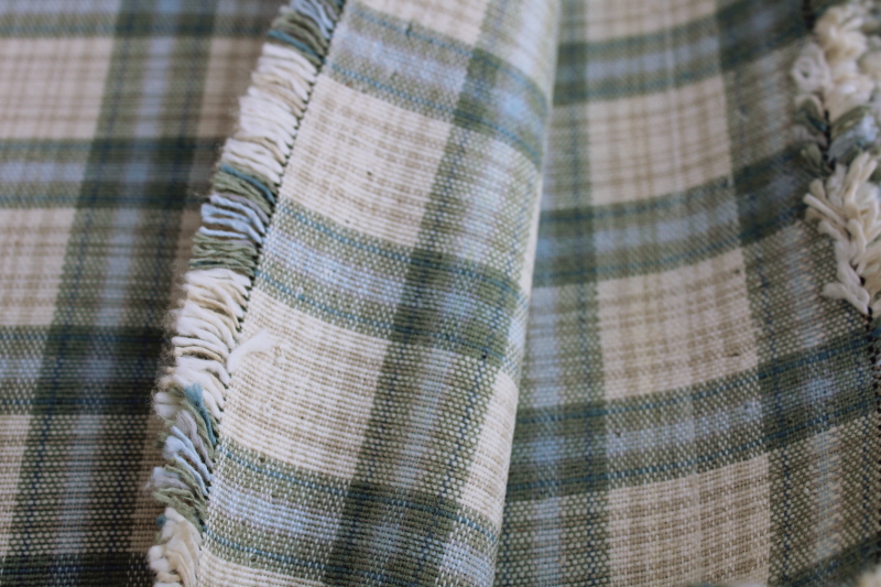 linen weave cotton blend upholstery fabric, pale blue, green, ivory woven plaid