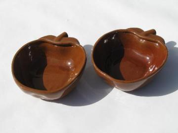 little brown apple shaped stoneware bowls, vintage pottery lot