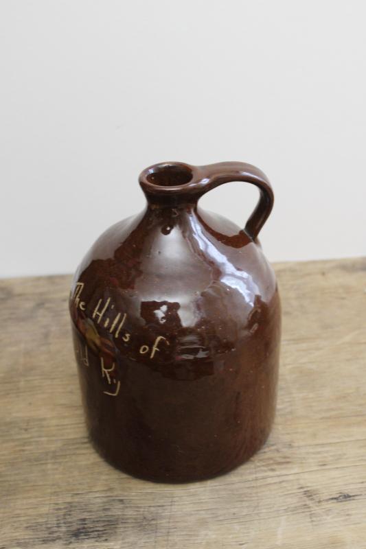 little brown jug, vintage pottery moonshine jar from the Hills of Old Kentucky