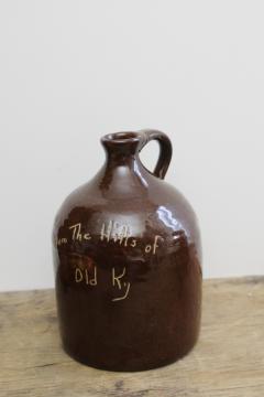 little brown jug, vintage pottery moonshine jar from the Hills of Old Kentucky