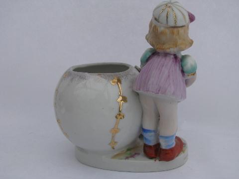 little girl baseball player, old hand-painted china planter, vintage Japan
