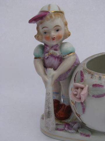 little girl baseball player, old hand-painted china planter, vintage Japan