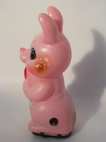 little girl bunny w/ dotted apron, vintage Easter wind up plastic toy