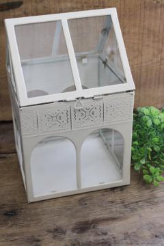 little glass house, shabby chic display cloche greenhouse metal frame w/ hinged roof