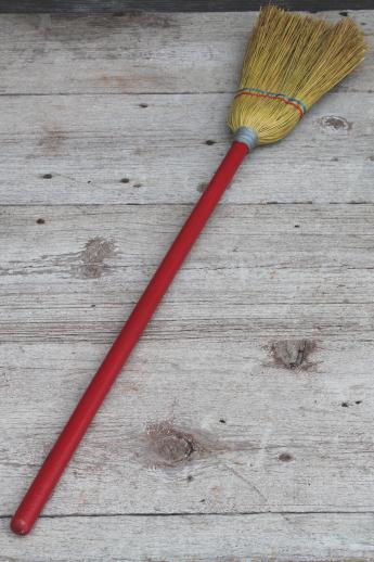 little old corn broom w/ red wood handle, working toy for clean up or play in child's size kitchen