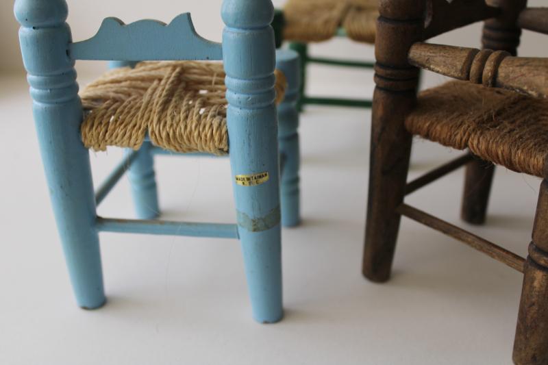 little wooden doll chairs, rustic vintage painted wood w/ woven seats