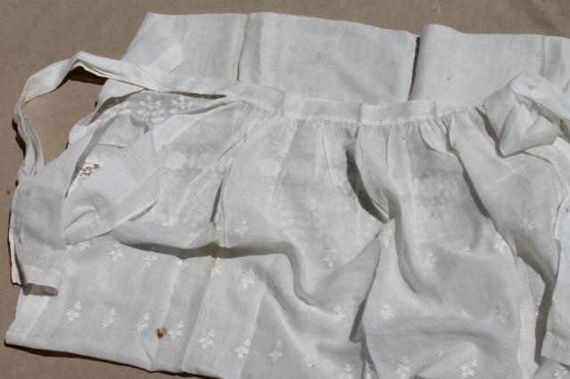 long white cotton apron w/ drawn thread lace, old wedding apron or folk costume w/ embroidered bag
