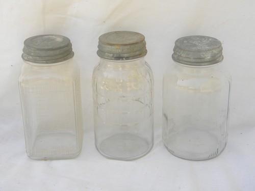 lot 3 old hoosier vintage kitchen storage jar canisters, zinc metal lids