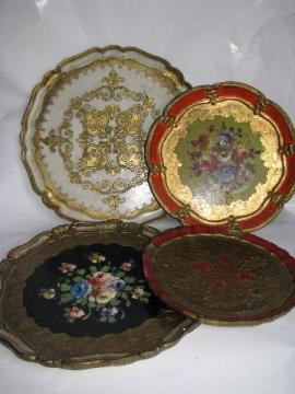 lot Italian florentine antique gilt wood trays & charger plates, vintage Italy