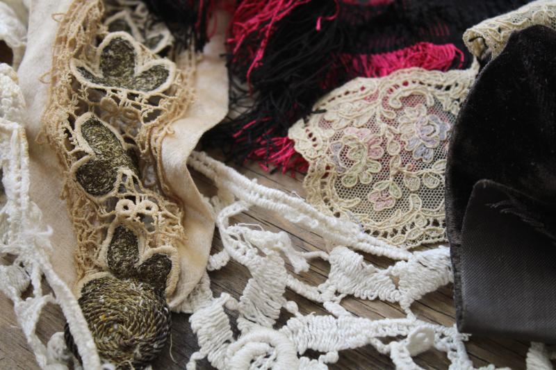 lot antique and vintage dress trim lace ribbon salvaged scrap for crazy quilt sewing