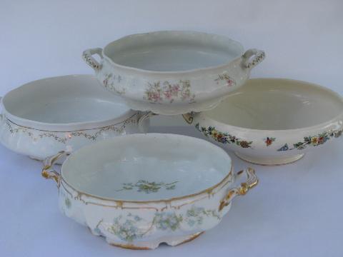 lot antique china tureens, tureen bowls without lids, for flowers, forcing bulbs?