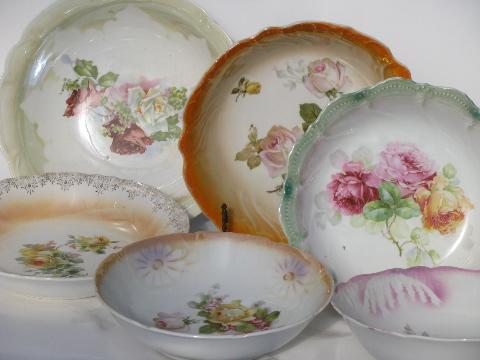 lot antique luster and roses china bowls, early 1900s vintage Germany