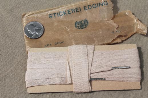 lot antique sewing trims, lace & embroidered cotton ribbon insertions w/ original Victorian labels