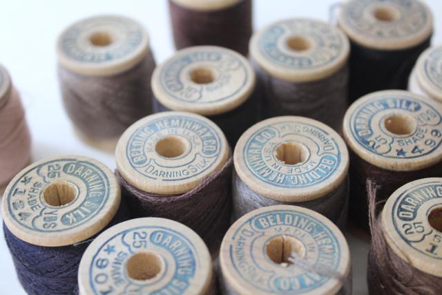 lot antique silk sewing thread, matte finish stockings darning floss on old wood spools