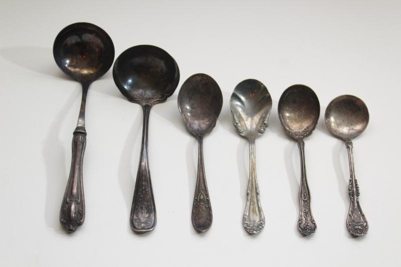 lot antique silver serving spoons & ladles, early 1900s vintage silverplate flatware