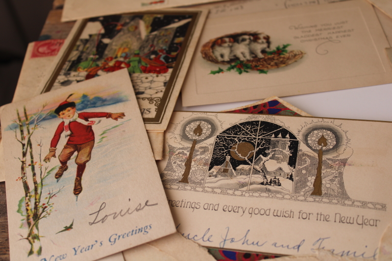 lot antique vintage Christmas greeting post cards, art deco illustrations 1910s, 20s, 30s