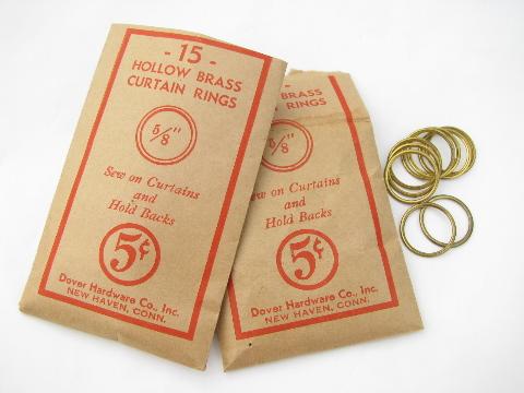 lot antique vintage brass curtain rings, 5/8'', original Dover hardware pkgs