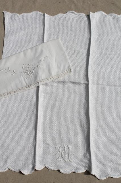 lot antique vintage linen & cotton towels w/ white work embroidery ...