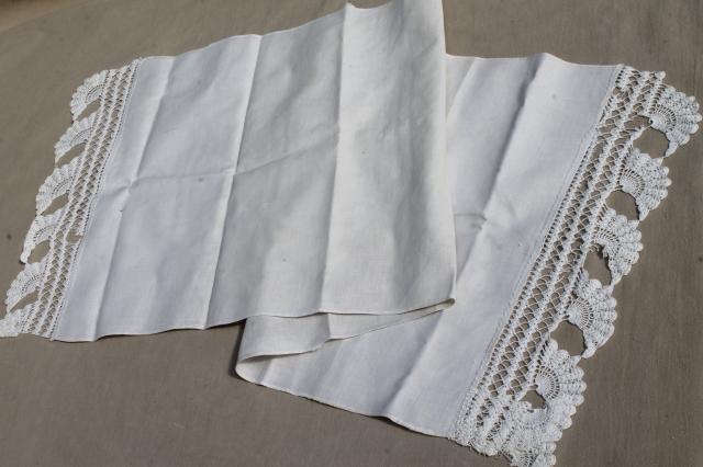 lot antique vintage linen & cotton towels w/ white work embroidery, crochet lace edgings