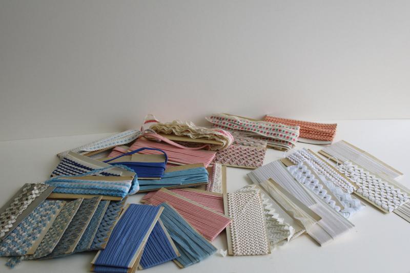 lot antique & vintage sewing trim, pink & blue braid, edgings, embroidered trims