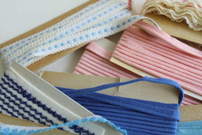 lot antique & vintage sewing trim, pink & blue braid, edgings, embroidered trims