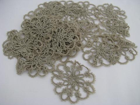 lot antique vintage tatted lace motifs, flowers in tatting, flax color cotton