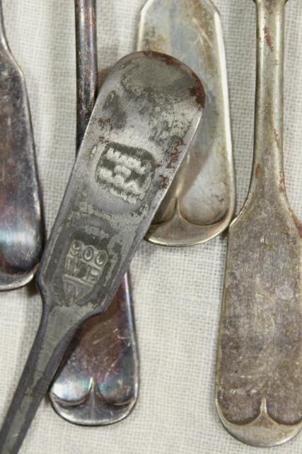 lot assorted antique silverware, fiddle back plain early flatware, 1800s vintage