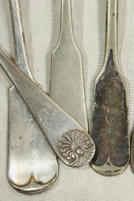 lot assorted antique silverware, fiddle back plain early flatware, 1800s vintage