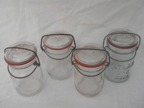 lot assorted vintage 1 pint mason jars w/glass and wire bail lightning lids