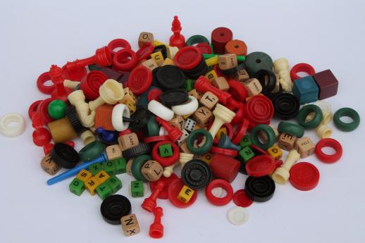 lot assorted vintage game parts - playing pieces, tiles, dice, chips & counters