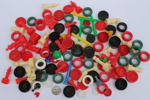 lot assorted vintage game parts - playing pieces, tiles, dice, chips & counters