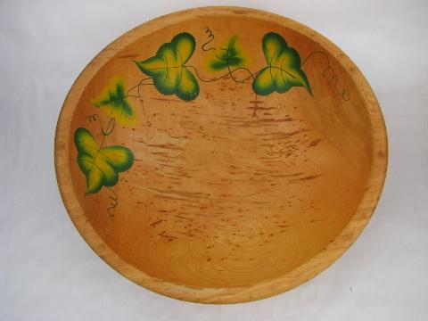 lot big shabby vintage wood bowls, old hand-painted flowers, fruit