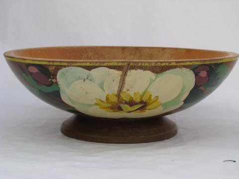 lot big shabby vintage wood bowls, old hand-painted flowers, fruit