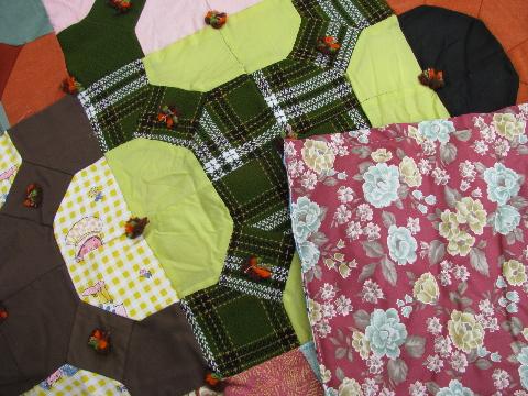 lot bright colors patchwork quilt tops, vintage 1970s, wild retro prints!