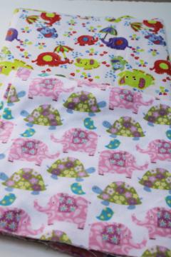 lot cotton flannel fabric, colorful prints baby elephant  elephants w/ turtles