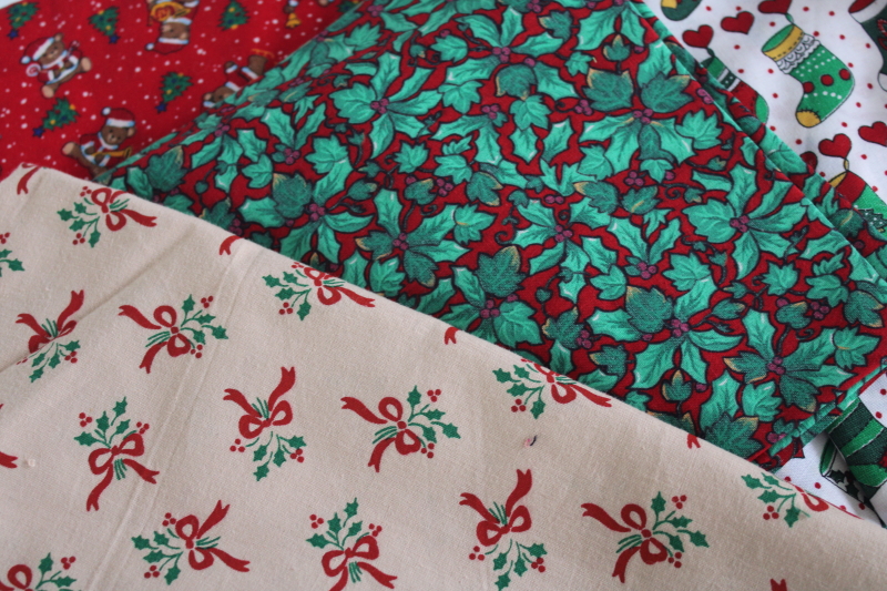lot cotton scrap fabric remnants red  green Christmas prints for quilting  sewing