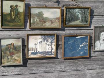 lot distressed gold and silver wood picture frames, old and vintage prints