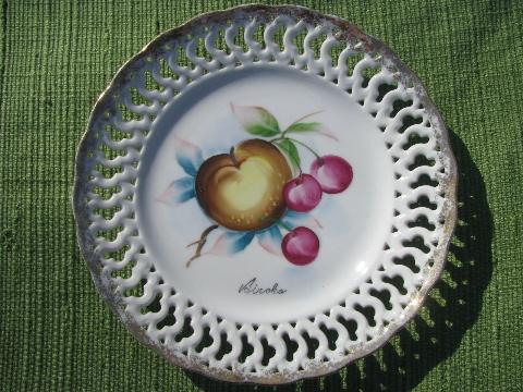 lot hand-painted fruit plates, pierced lace edge china, vintage Japan