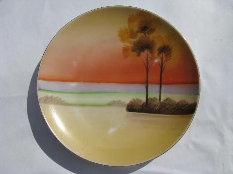 lot hand-painted porcelain plates, early 1900s vintage Japan, nature scenes