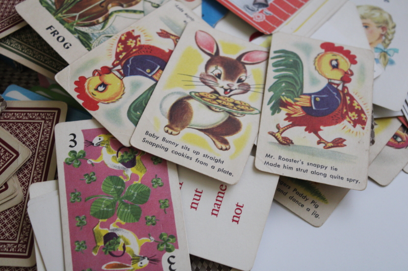 lot incomplete vintage card games childrens playing cards, picture flash cards for early reading