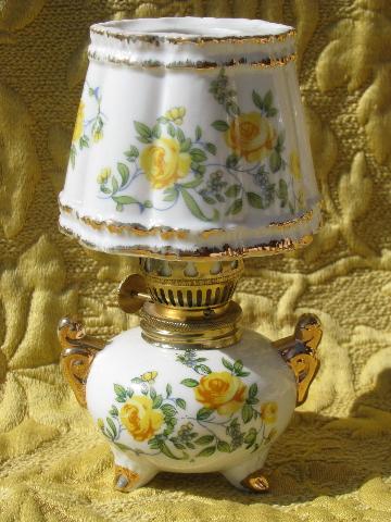 lot mini oil lamps, flowered china w/ glass shades, vintage Japan